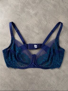 Wacoal Center Stage Underwire Lace Bra 38DD Navy Blue Teal Sheer Unlined Dainty